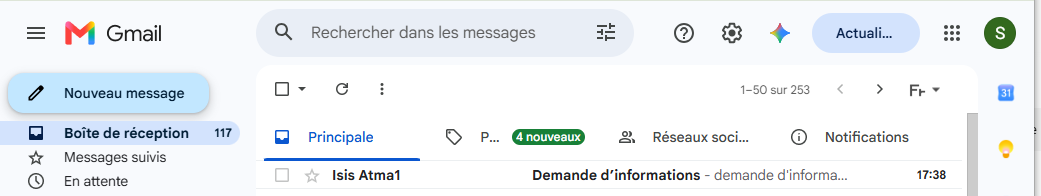 E-mail entrant reçu dans Gmail